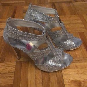 Michael Kors Berkley Silver Glitter T Strap Heels